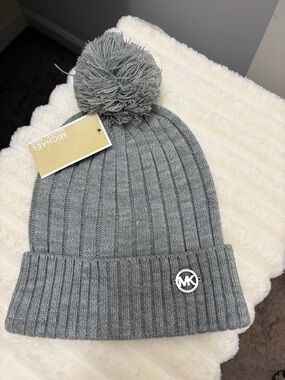 Michael Kors Gray Ribbed Pom Beanie